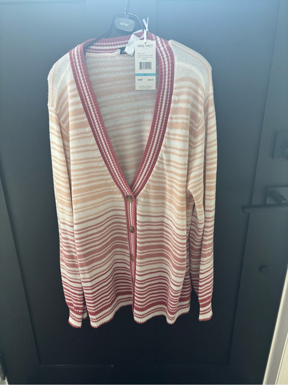 Nine West Pink and Cream Striped V-Neck Button Cardigan